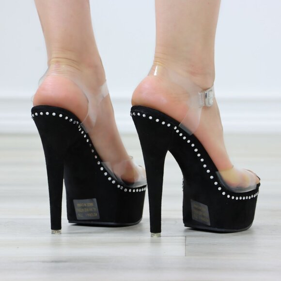 Clear Platform Heels Black Suede Rhinestones - Picture 6 of 12